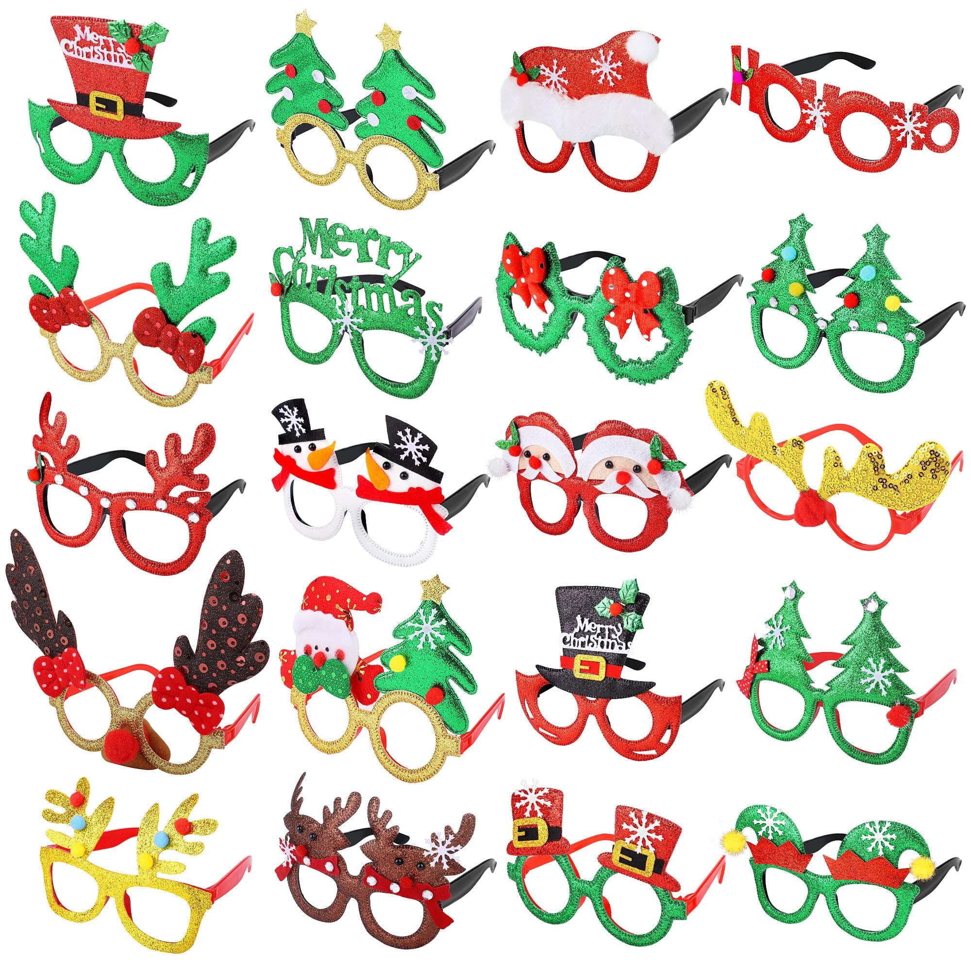 Aodaer 20 Pack Christmas Glitter Party Glasses Frames Holiday Decoration Eyeglasses Assorted Styles Costume Eyewear for Christmas Party Favors