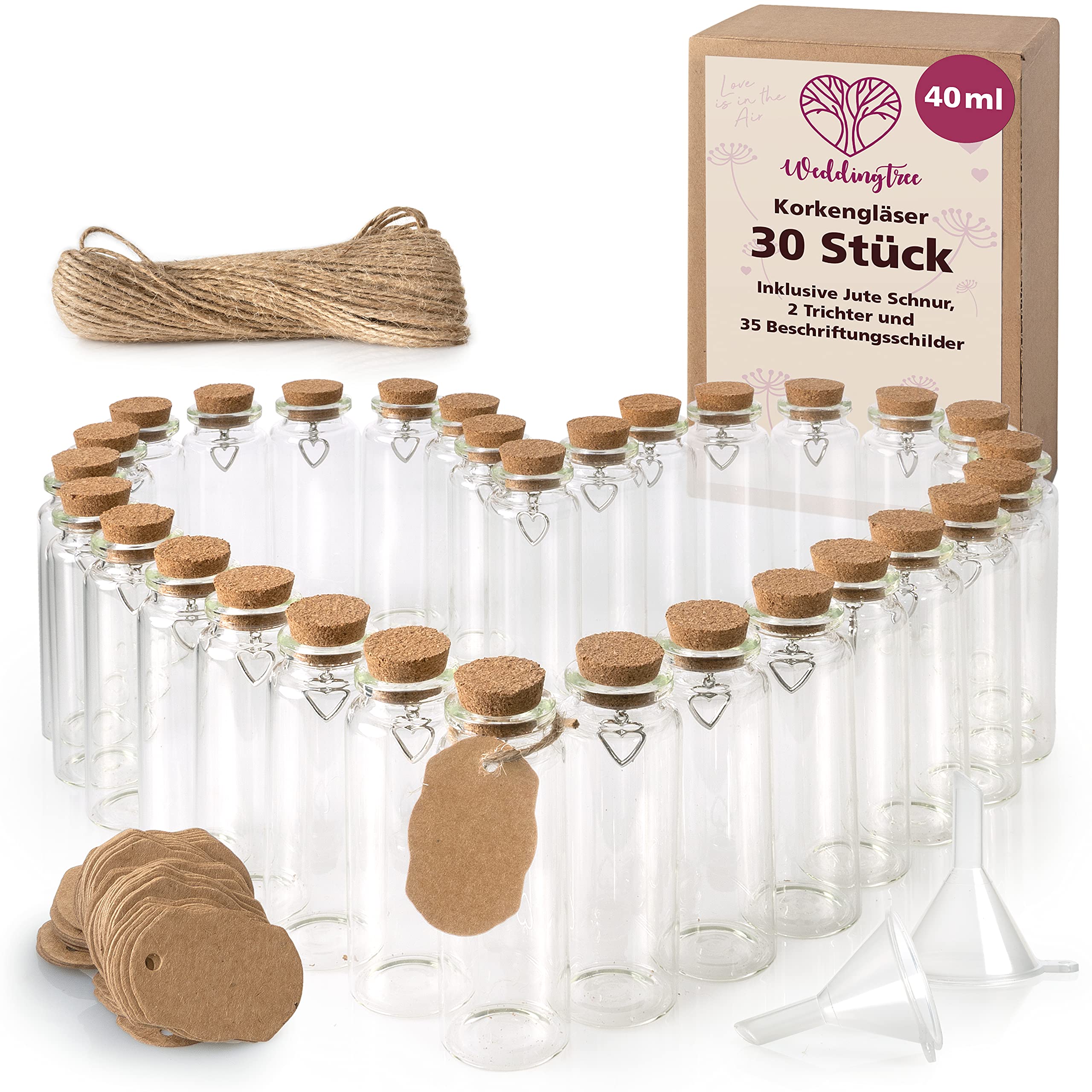 WeddingTree 30x40ml Small Glass Bottles with Cork Lids - Mini Bottles with Heart Pendant and Funnel - For Presents Wedding Decoration and Spices