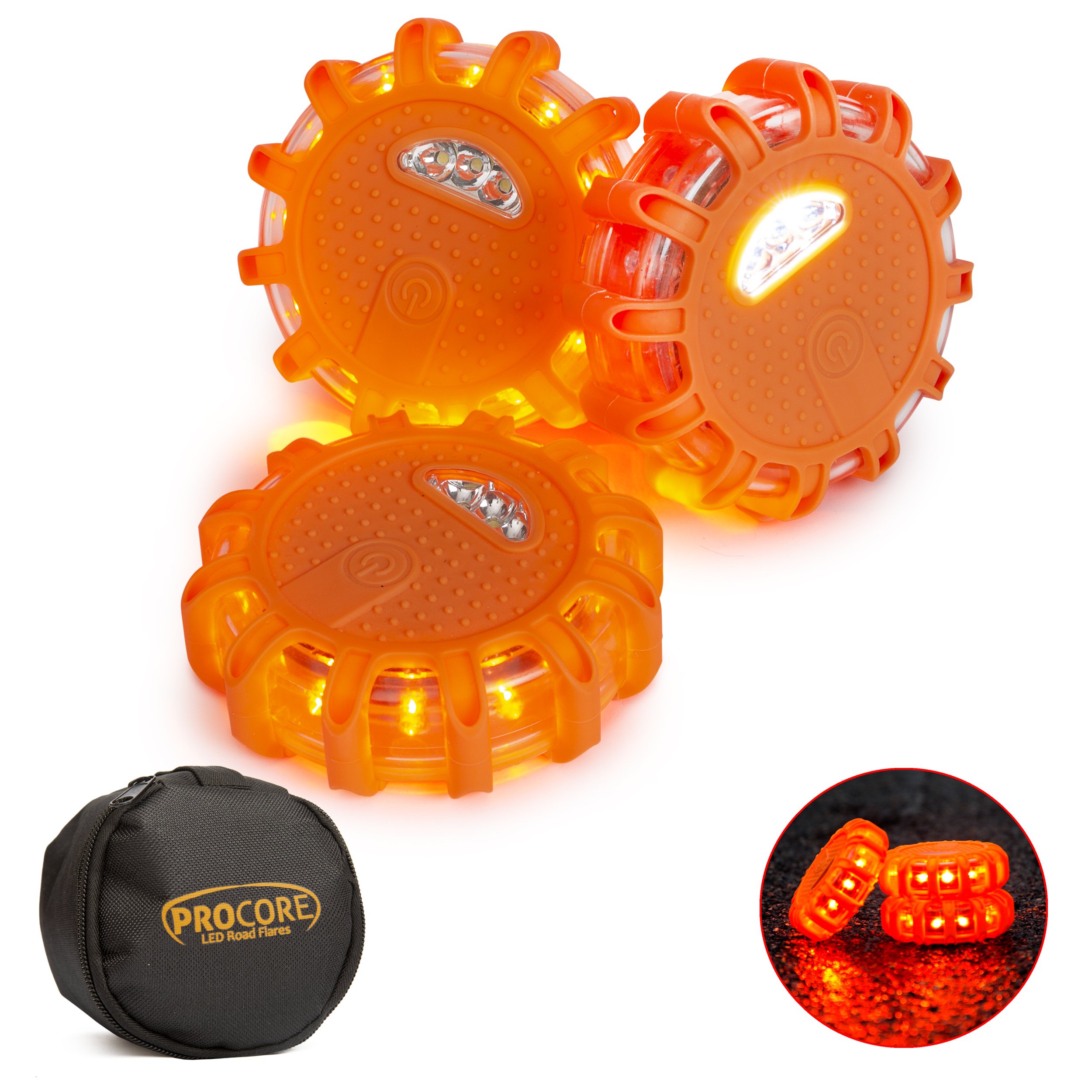 Flashing LED Emergency Road Flares: 4” Magnetic Roadside Flare Beacon Discs for Car, Truck or Boat - Warning Lights for Safety During Vehicle Emergencies - Use on All Vehicles - 3 Pack with Carry Ba
