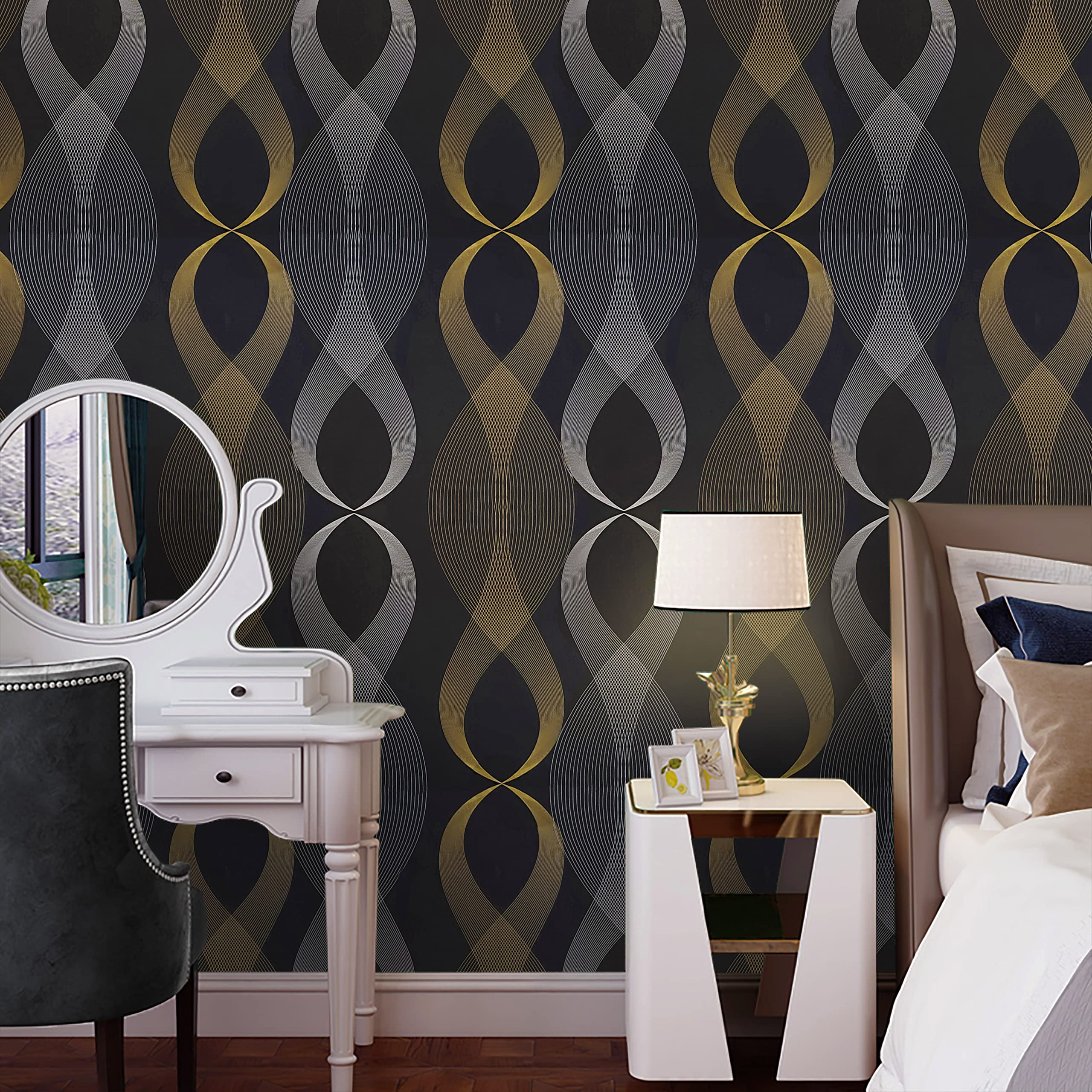 Photo 1 of 393"x17.7"Peel and Stick Wallpaper Black Fashion Curves Removable Paper Self Adhesive Wallpaper Decorative for Walls Cabinets Vinyl Film