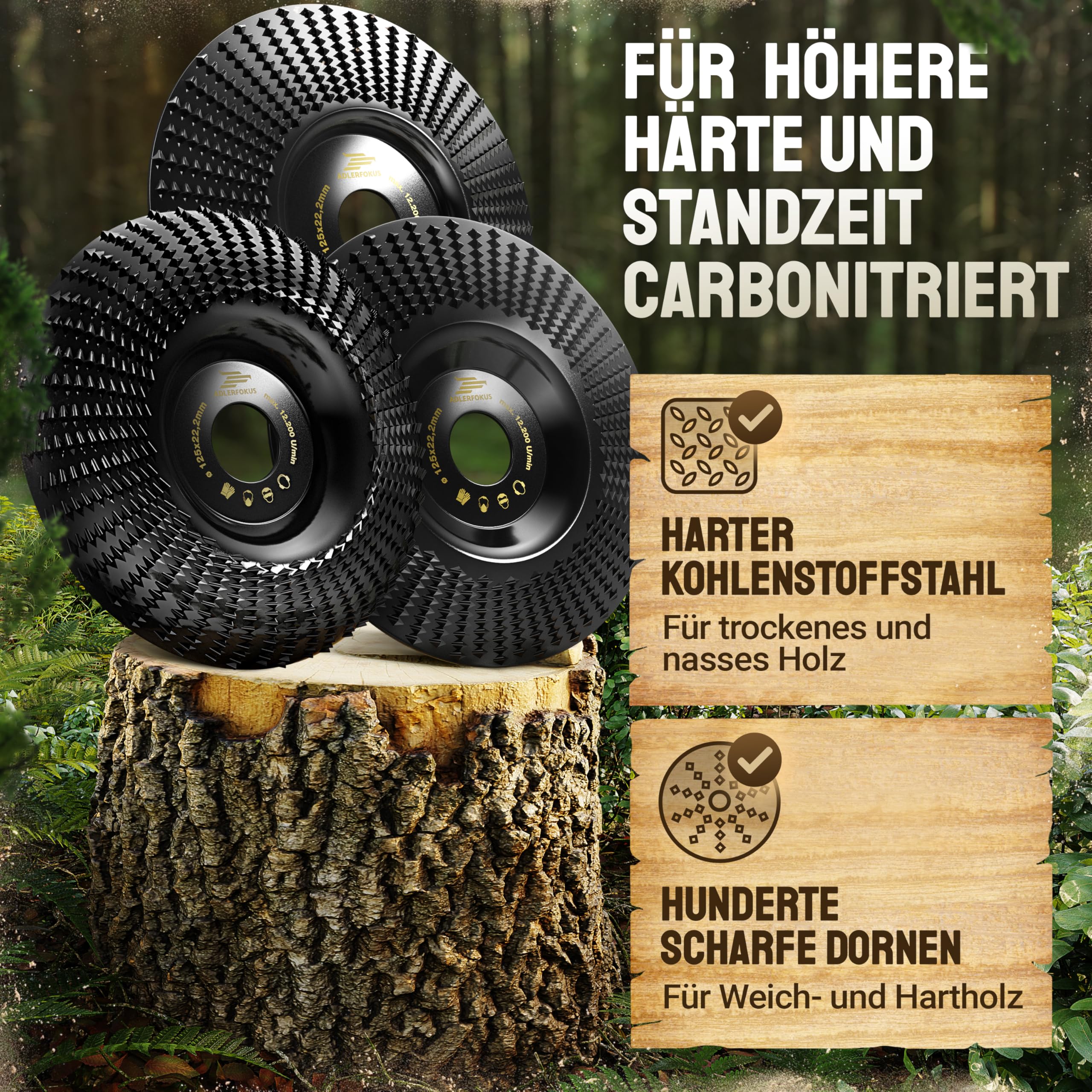Adlerfokus Holz Schleifscheibe 125mm Set Winkelschleifer [EXTRA SCHARF] Flexscheibe für Holz - Wurzelfräse - Lackfräse - Baumstumpffräse - Raspelscheibe - Schleifen mit einer Flex Schleifscheibe 5