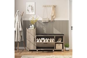 Maupvit Shoe Storage Bench with Flip Drawer Shoe Cabinet, 8 Height Adjustable Metal Feet, Entryway Bench with Removable Seat Cushion, Shoe Bench Rack for Entryway, Washed Gray