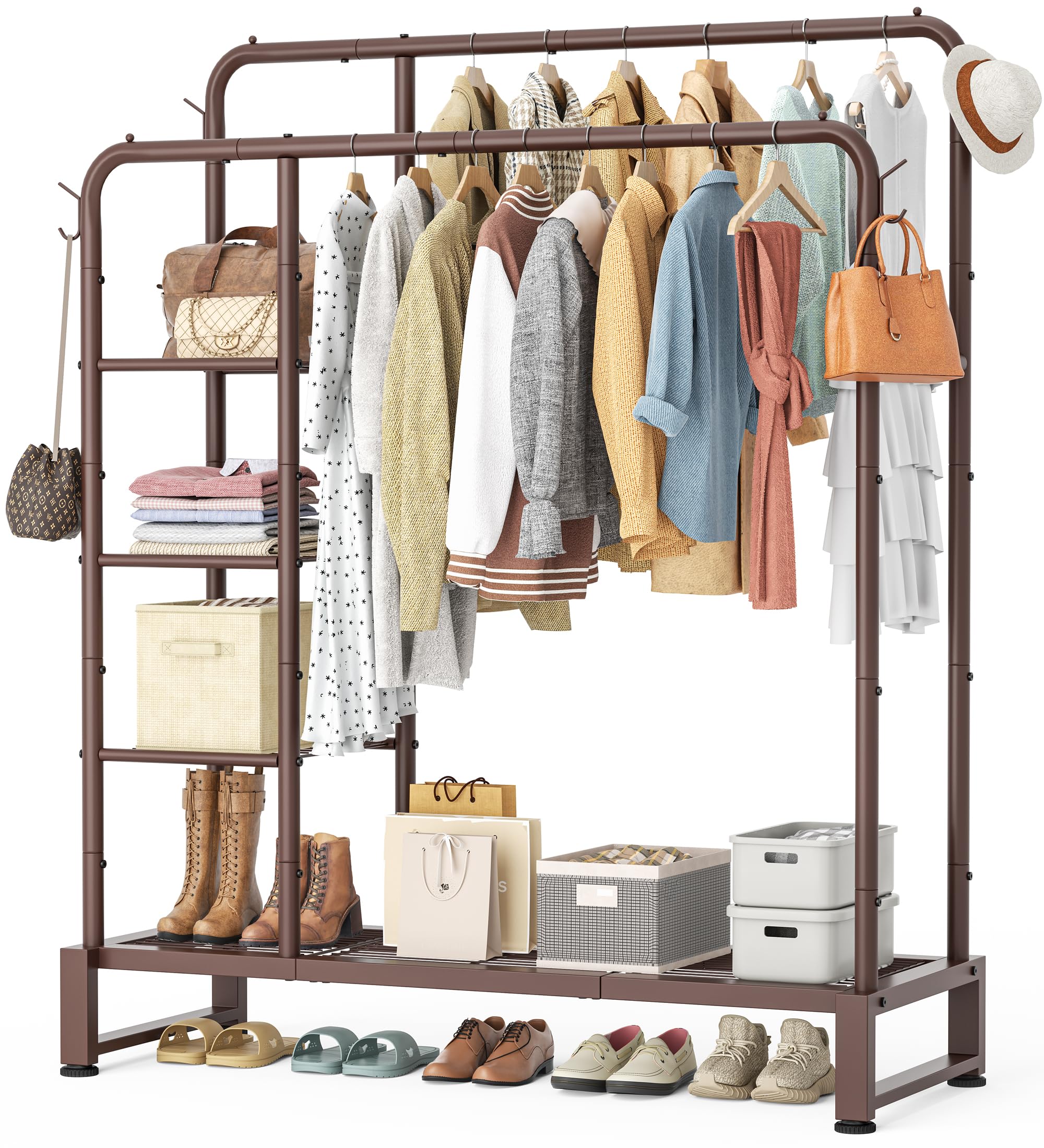 Photo 1 of Double Rods Clothes Rack Clothing Rack with 4 Tier Storage Shelves Clothes Rack for Hanging Clothes Multifunctional Heavy Duty Clothes Organizer with Hooks for Bedroom,Wardrobe Closet,Shop,Brown