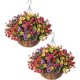 HyeFlora 2 Set Artificial Outdoor Flowers Hanging Basket, Faux Hanging Plants for Outside Spring Decoration, Fake Silk UV Resistant Look Real Daisy for Porch Patio Home Decor