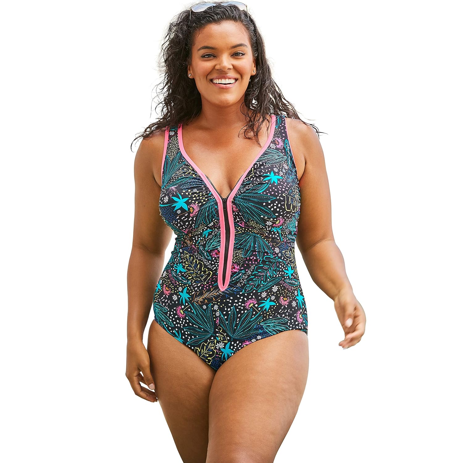 Swimsuits For All Womens Plus Size Zip Front One Piece With Front Zipper