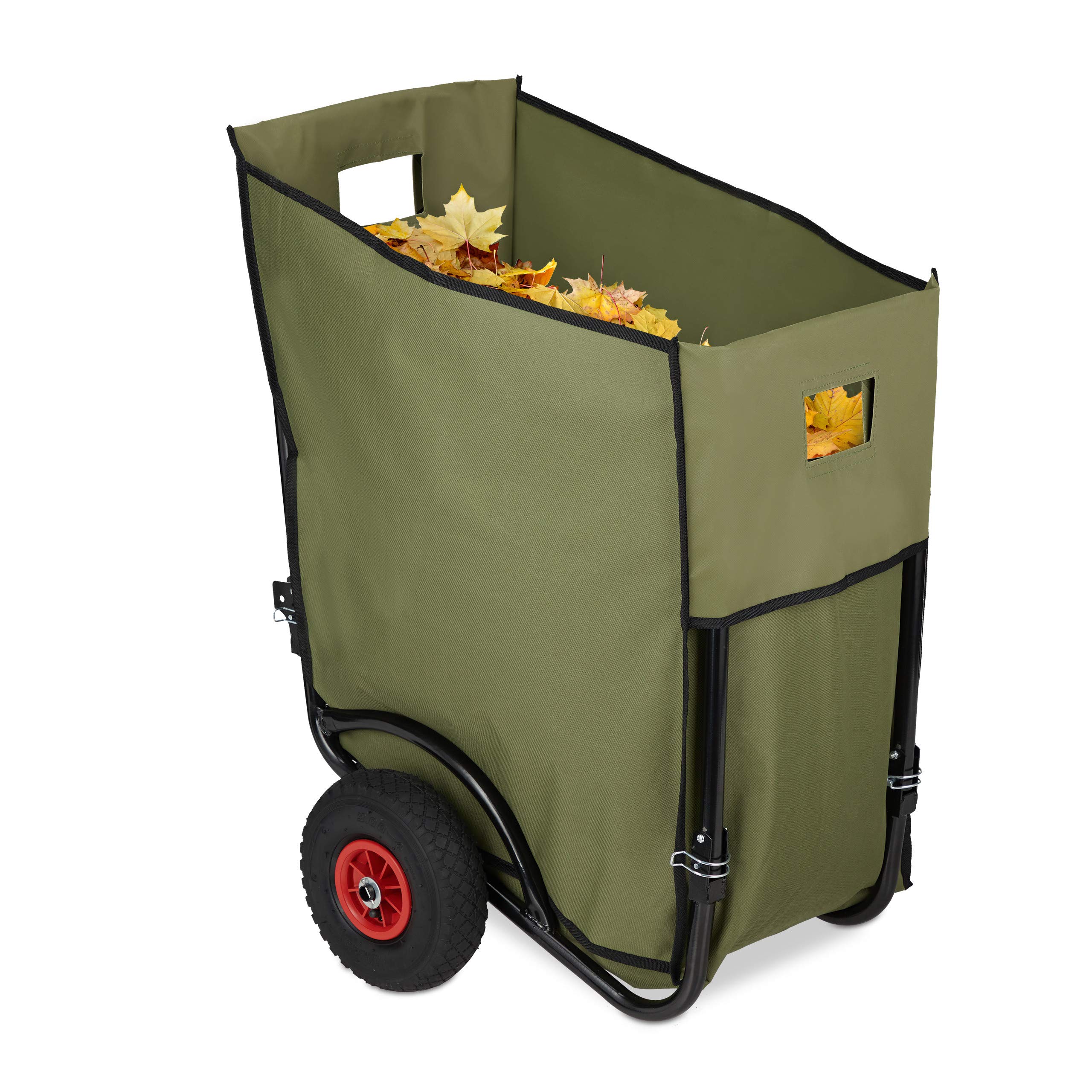 Relaxdays Garden Bin Cart, Large Foliage Waste Collector, Foldable Trolley, 2 Pneumatic Wheels, 160 L Sack, Green