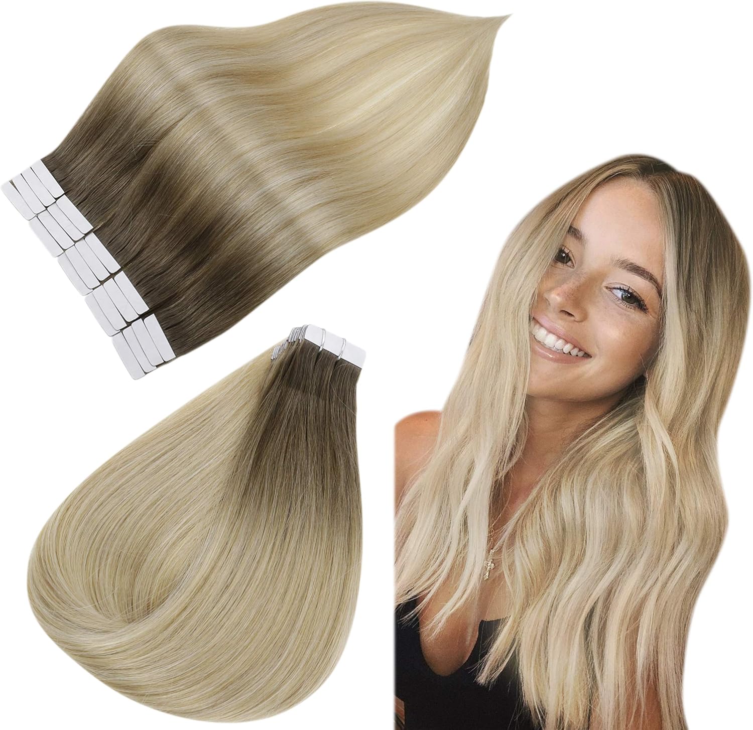 Easyouth Tape in Hair Extensions Real Human Hair Blond Balayage Tape in Human Hair Extensions Medium Brown Ombre Caramel Blonde Platinum Blonde Tape Hair Extensions Invisible 12Inch 30g 20Pcs #6/27/60