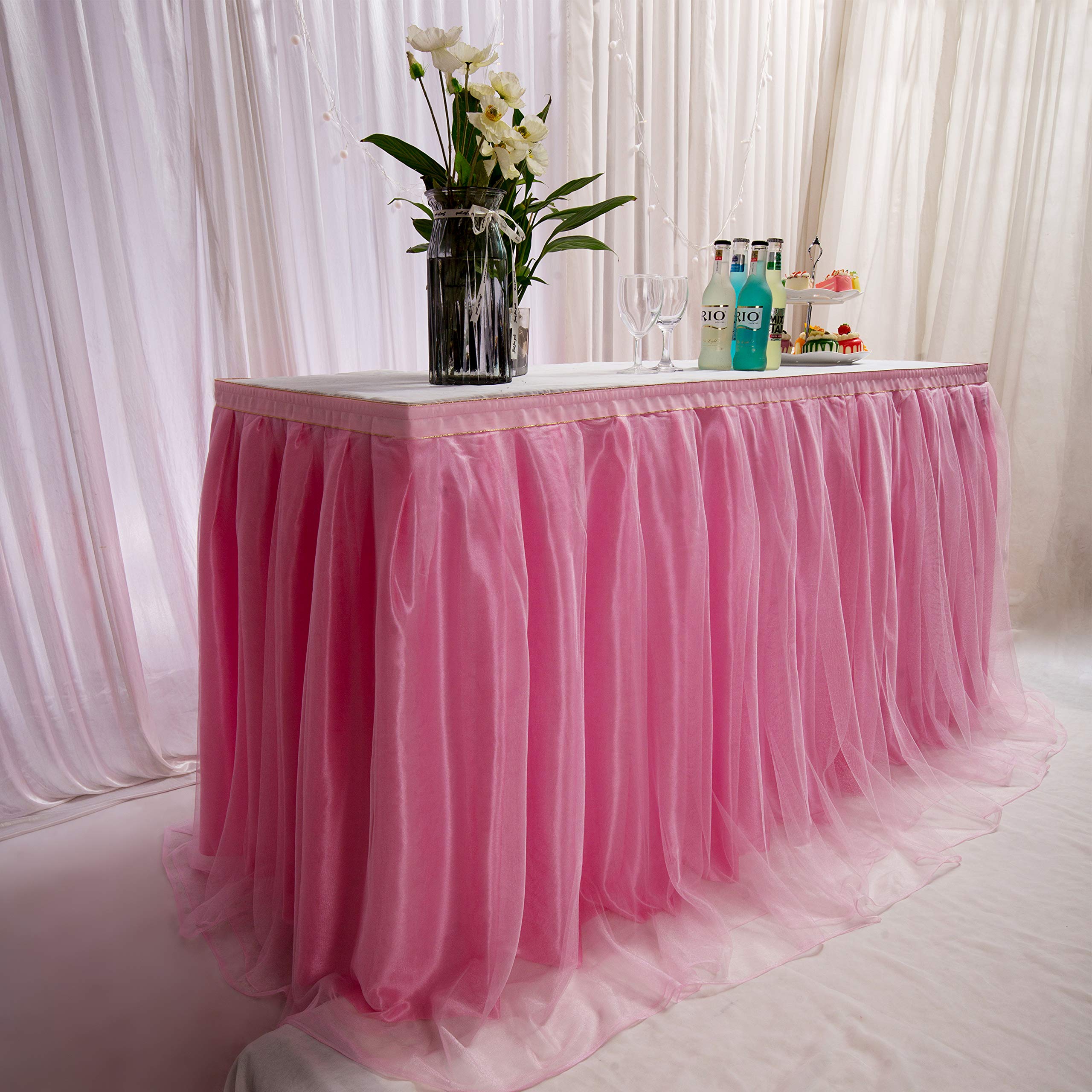 MYMM Tulle Tutu & Wave Table Skirt - 3ft/6ft/9ft/14ft Perfect Decorations for Baby Show, Birthday Party, Wedding Decoration, Dessert Elegant (Wave-Pink, 14ft/427cm)