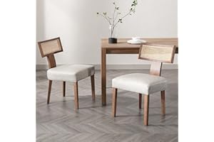 RIVOVA Rattan Dining Chairs Set of 2, Mid-Century Modern Dining Chairs, Kitchen Dining Room Chairs, Curved Cane Back Upholstered PU Leather Dining Chairs with Wood Frame, Grey