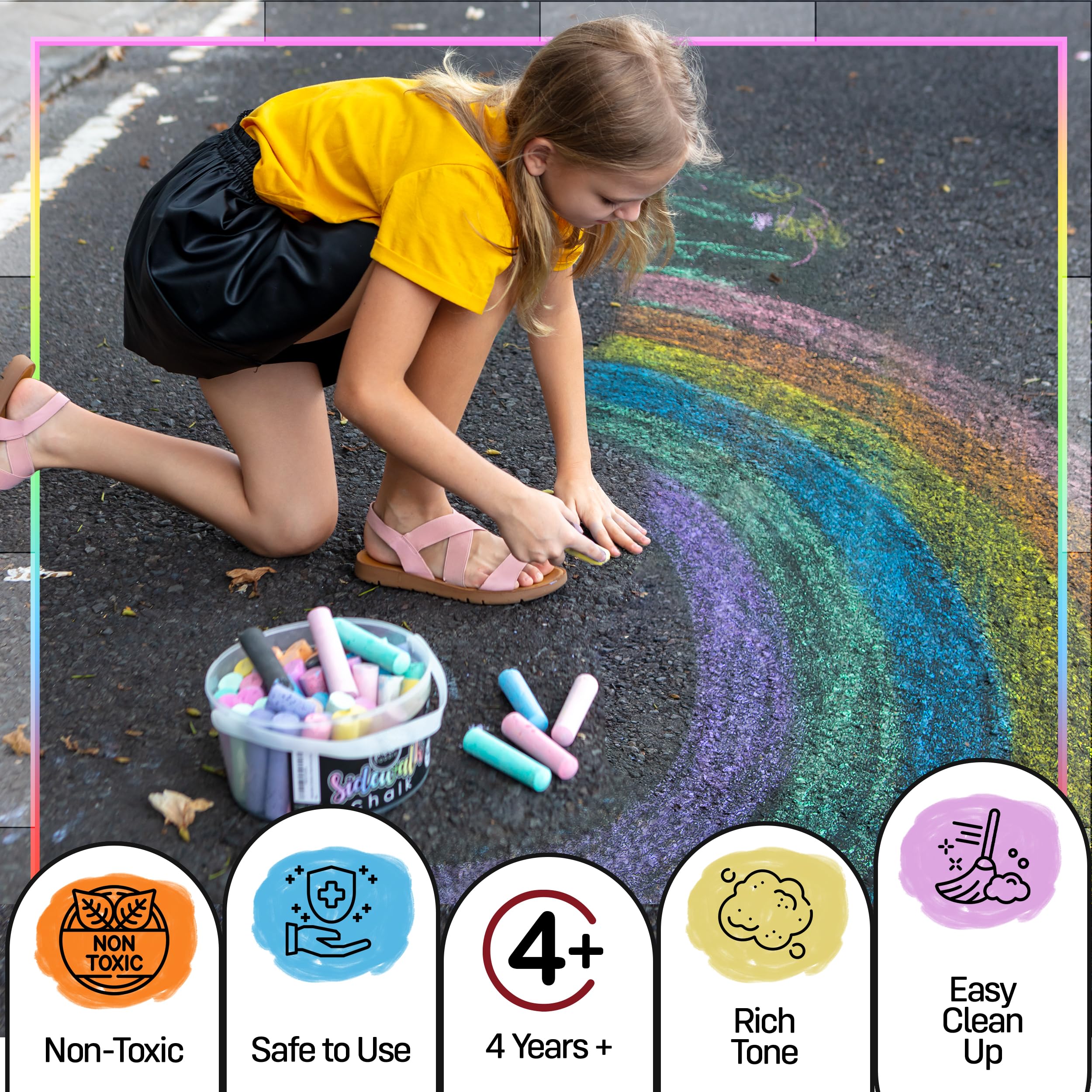 Loddie Doddie 50ct Sidewalk Chalk for Kids - 12 Colors Non-Toxic Jumbo Sticks in Reusable Bucket - Easy Clean Up for Fun & Creativity - Outdoor Chalk