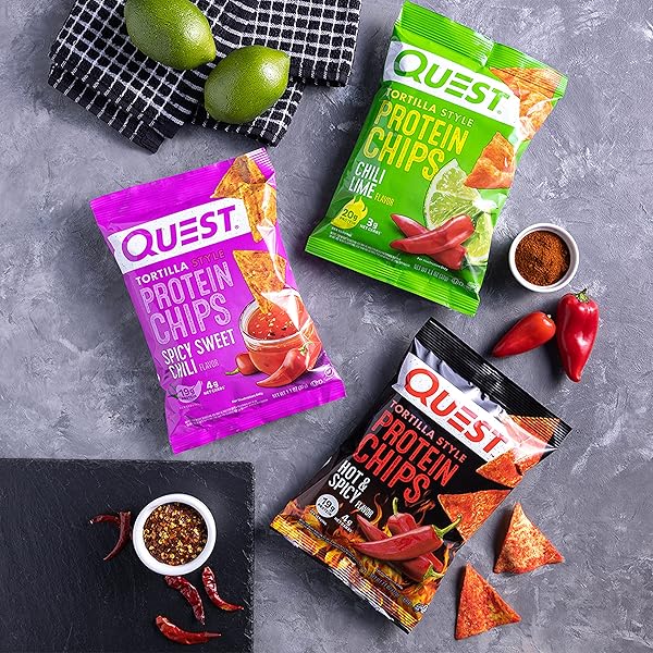QUEST NUTRITION TORTILLA STYLE PROTEIN CHIPS, SPICY VARIETY PACK, CHILI LIME, HOT & SPICY, & SPICY SWEET CHILI, 12 COUNT (3 EACH FLAVOR)