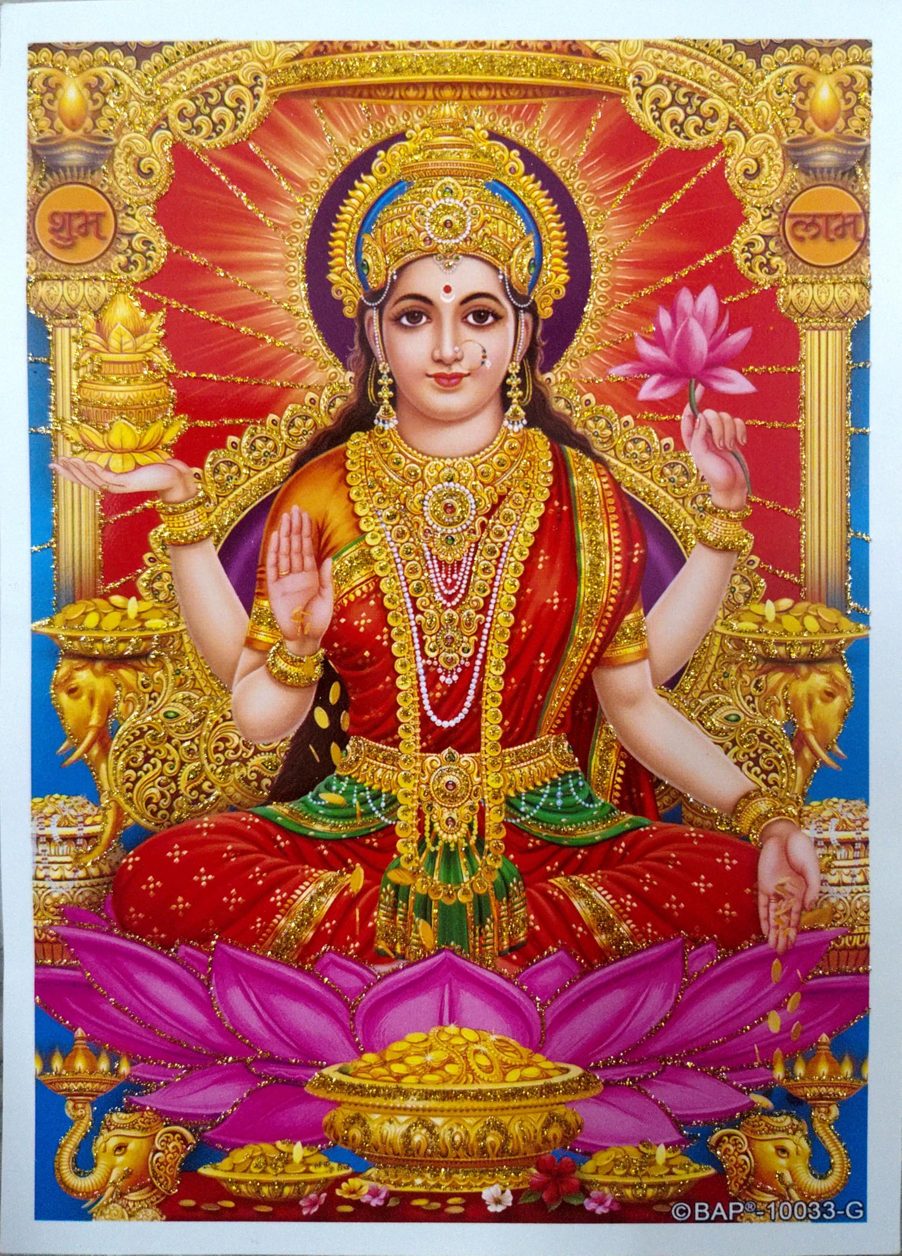 Rastogi Handicraft India Best Of Reprint Hindu God Poster/Picture With Unframed (White Paper, Laxmi-Ji-Red-Blessing-7"X5")