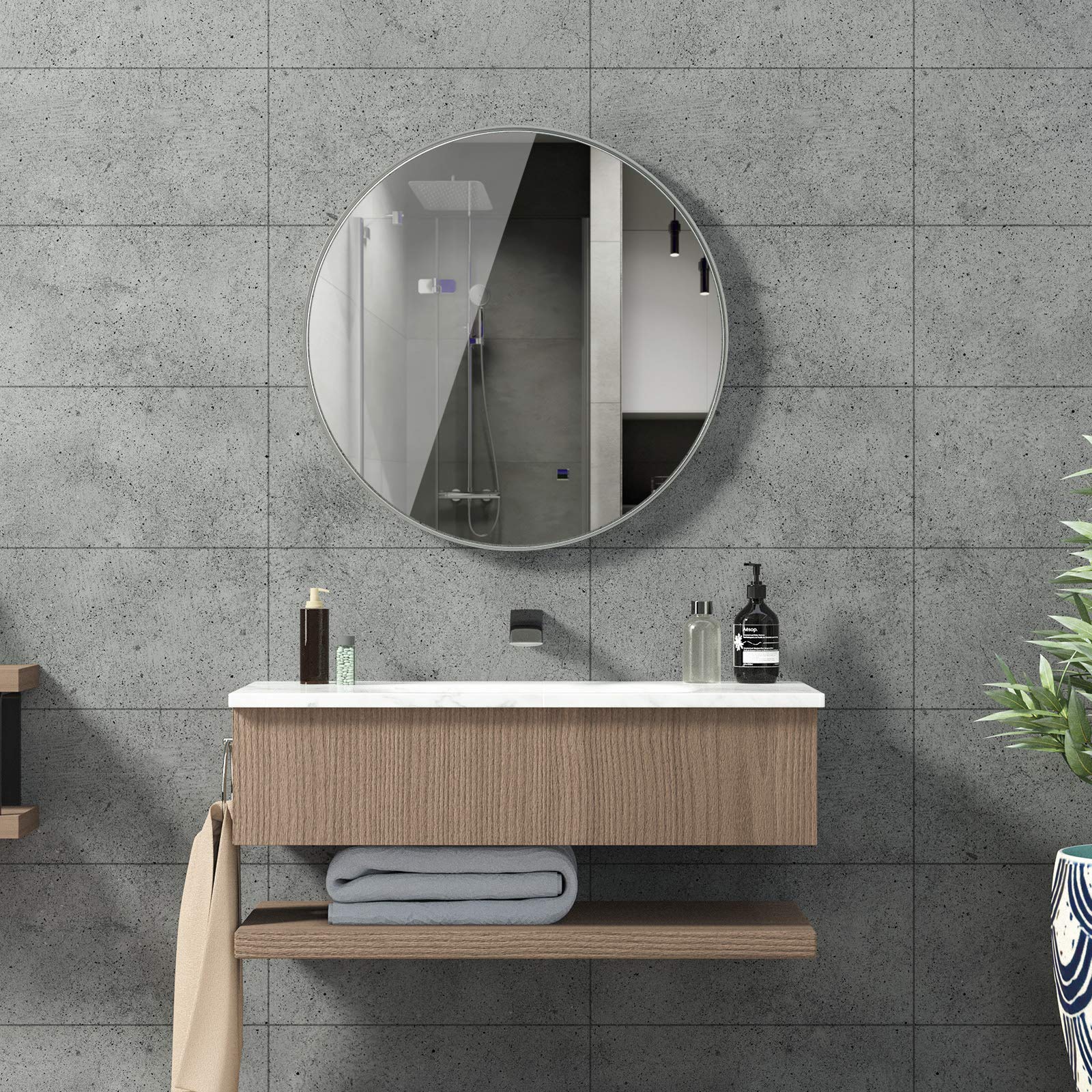 KAASUNES 28-Inch Contemporary Brushed Silver Wall Mounted Round Mirror, Glass Panel Circle Deep Set Design Stainless Steel Framed Mirror for Bathroom, Entryways, Living Rooms