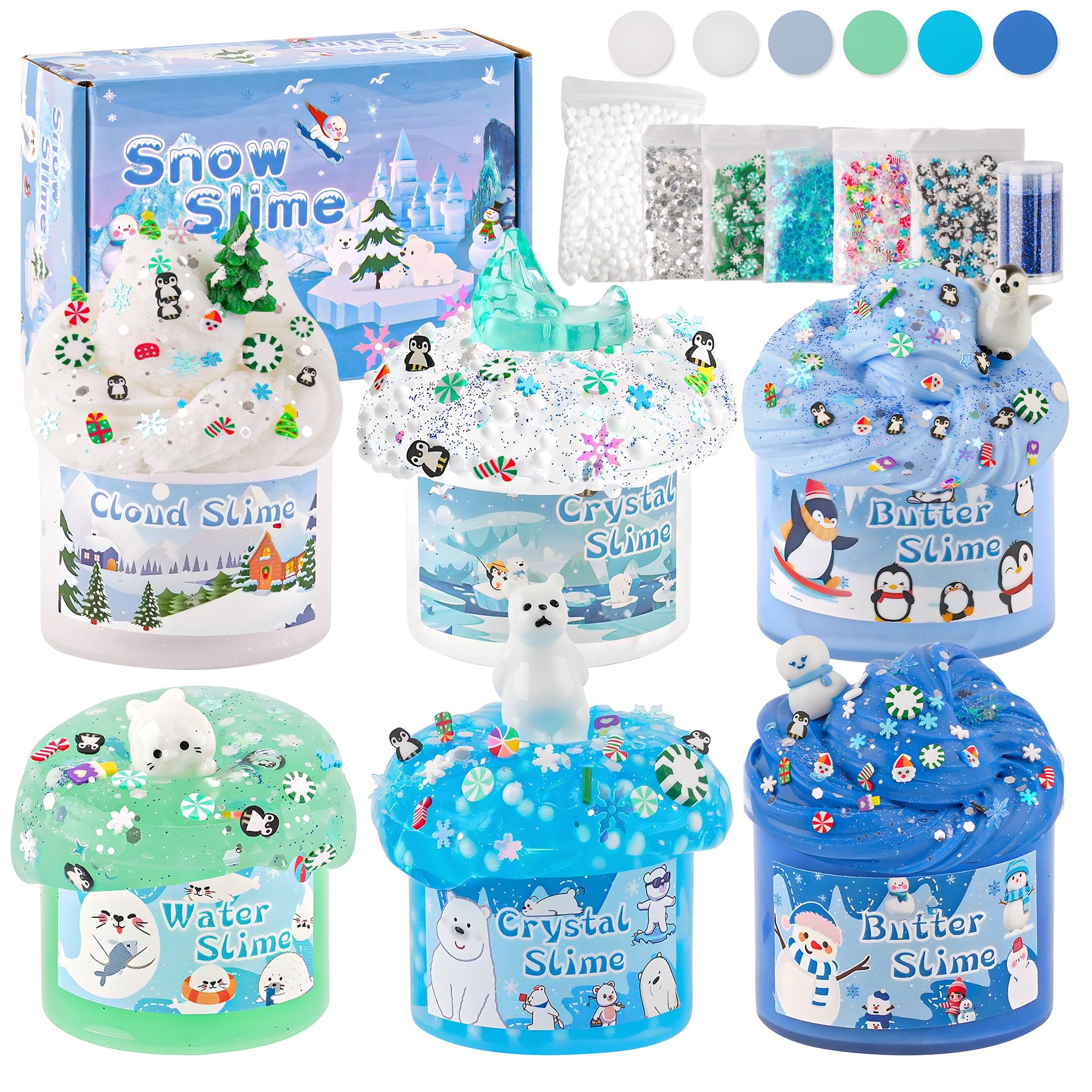 LAWOHO 6 Packs Snow Slime Kit - Water, Butter, Clear, Cloud Slime Kits for Girls & Boys With Charms & Add-ins - Non Sticky & Fluffy Kids Slime Set, 360ml Girls Toys Slime Making Kit, Party Bag Fillers