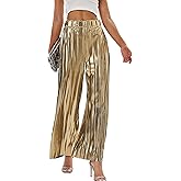 heipeiwa Women's Shiny Pleated Wide Leg Pants Party Nightout High Waist Trouser Folded Lightweight Outfit Clubwear