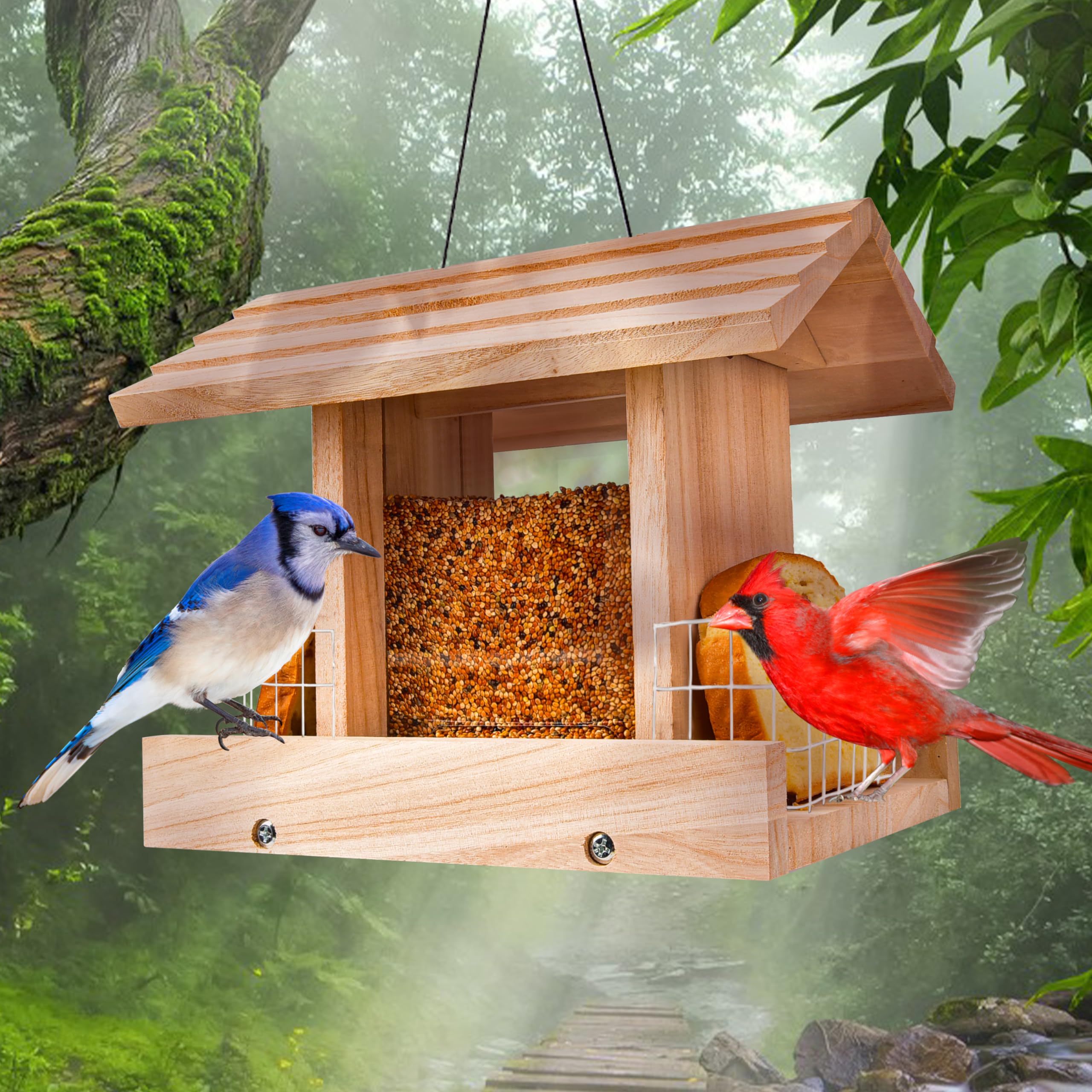 Aucurwen Bird Feeders for Outdoors Hanging - Wooden Bird Feeder Hopper, Cardinal Bird House Feeder, Wooden Large Bird Feeder with Suet Holder for Outside, Wild, Outdoors Hanging Pole