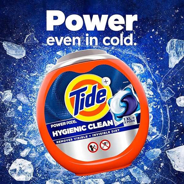TIDE POWER PODS HYGIENIC CLEAN HEAVY DUTY LIQUID LAUNDRY DETERGENT PACS, FREE AND CLEAR OF DYES AND PERFUMES, FOR VISIBLE AND INVISIBLE DIRT, 45 COUNT, HE COMPATIBLE