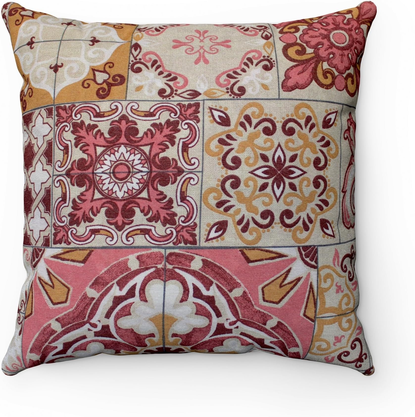 Tiles Mosaic Spanish Moroccan Cushion Covers - Moorish Arabesque Style Pillow Cover - Home Decor Cushion - Maroon Pink Orange 43 x 43cm