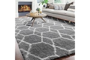 ONASAR 8x10 Area Rugs for Living Room, Large Boho Geometric Grey and White Rug, Soft Fluffy Plush Neutral Carpet for Bedroom Classroom Playroom Room Decor Aesthetic, Shaggy Moroccan Floor Rug