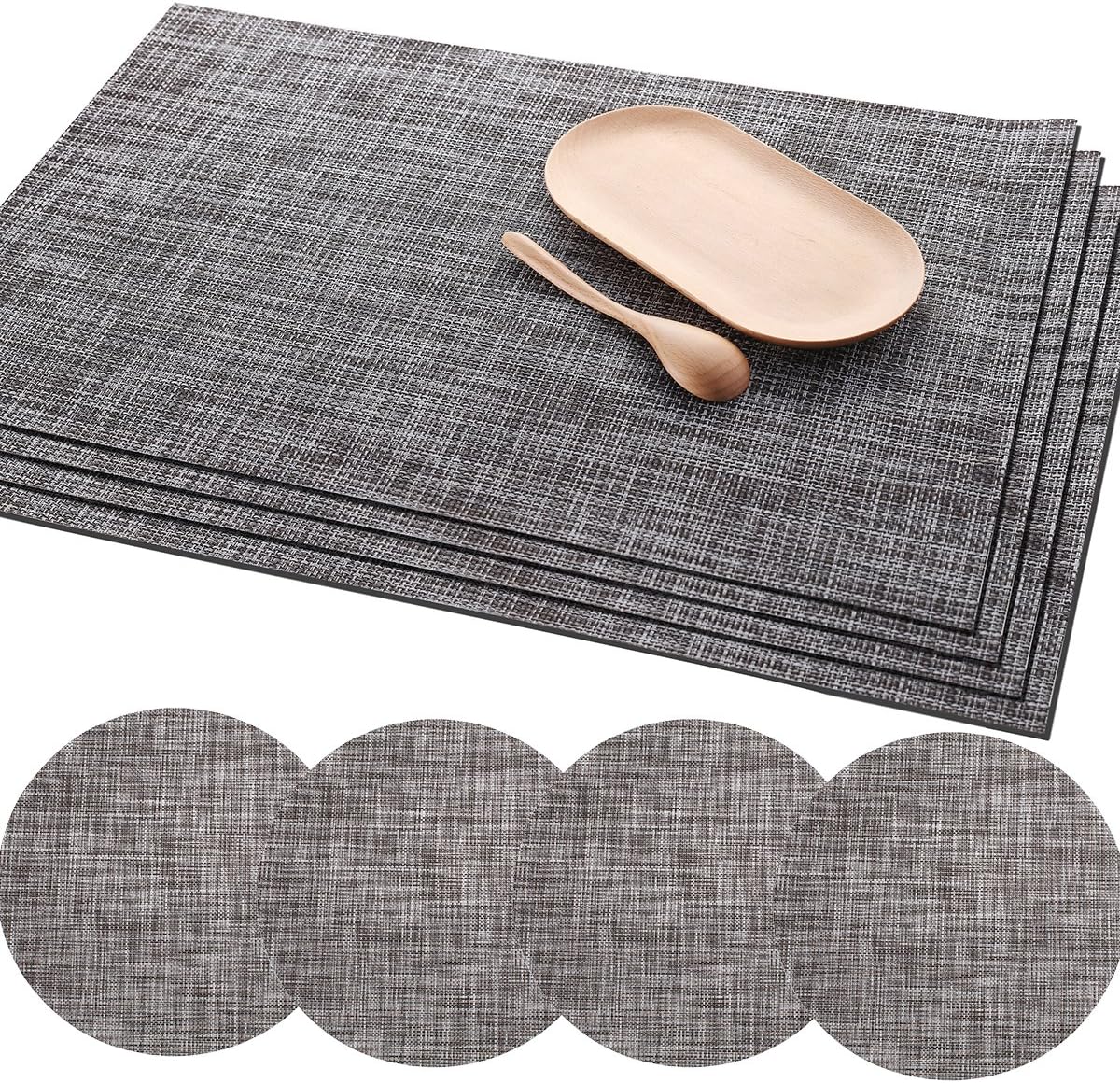 Set of 4 Placemats and Coaster Sets Heat Resistant Pad Western Dining PVC Dinner Table Mats Desk Holder Home Decor Black 45x30cm (Grey)
