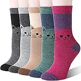 Welwoos Women Merino Wool Cat Socks Thermal Winter Warm Thick Cozy Cute Fun Crew Boot Socks 5 Pairs