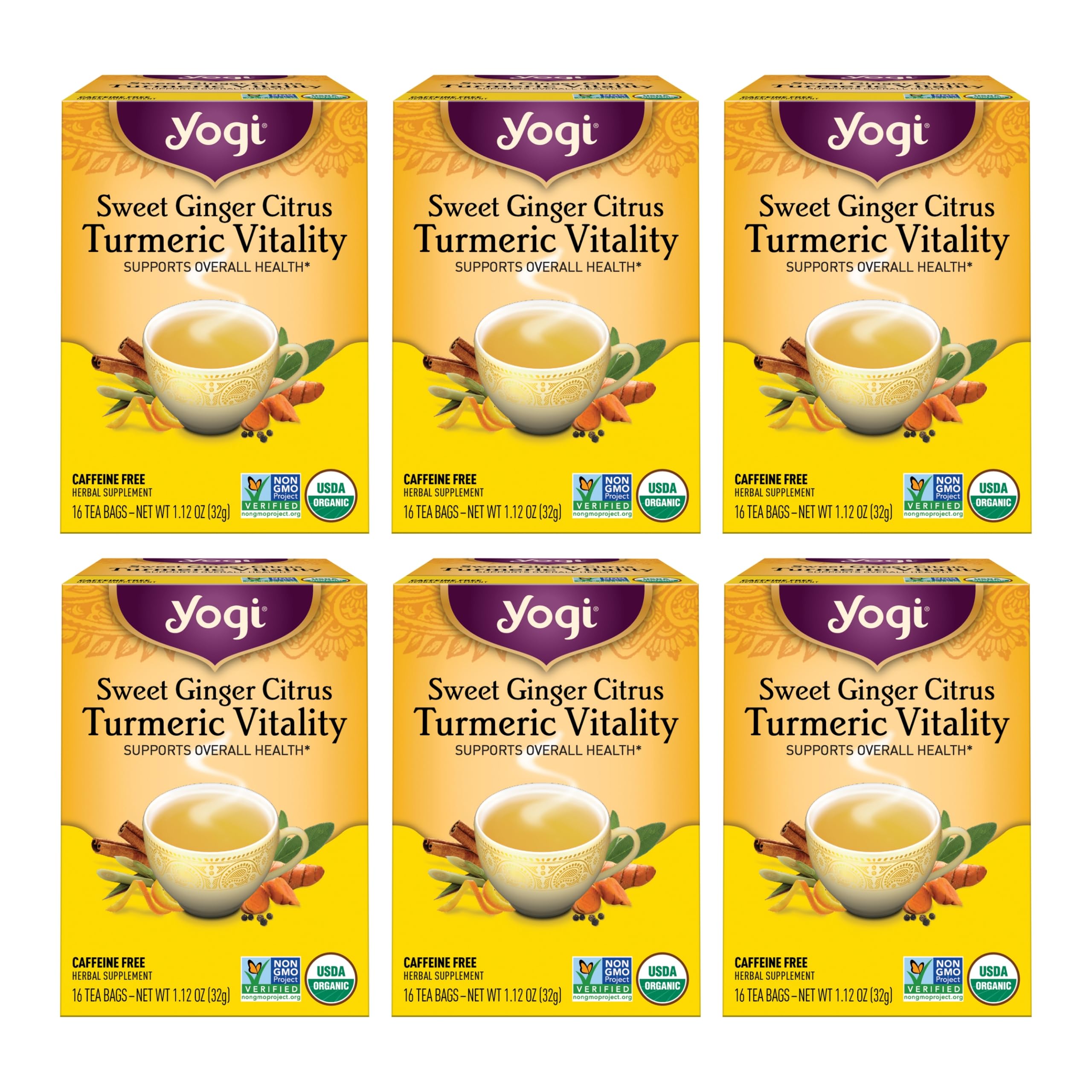 Yogi Tea Sweet Ginger Citrus Turmeric Vitality - 16 Bags per Pack (6 Packs) - Organic Ginger & Turmeric Root Tea - Supports Well-being - Includes Cinnamon Bark & More