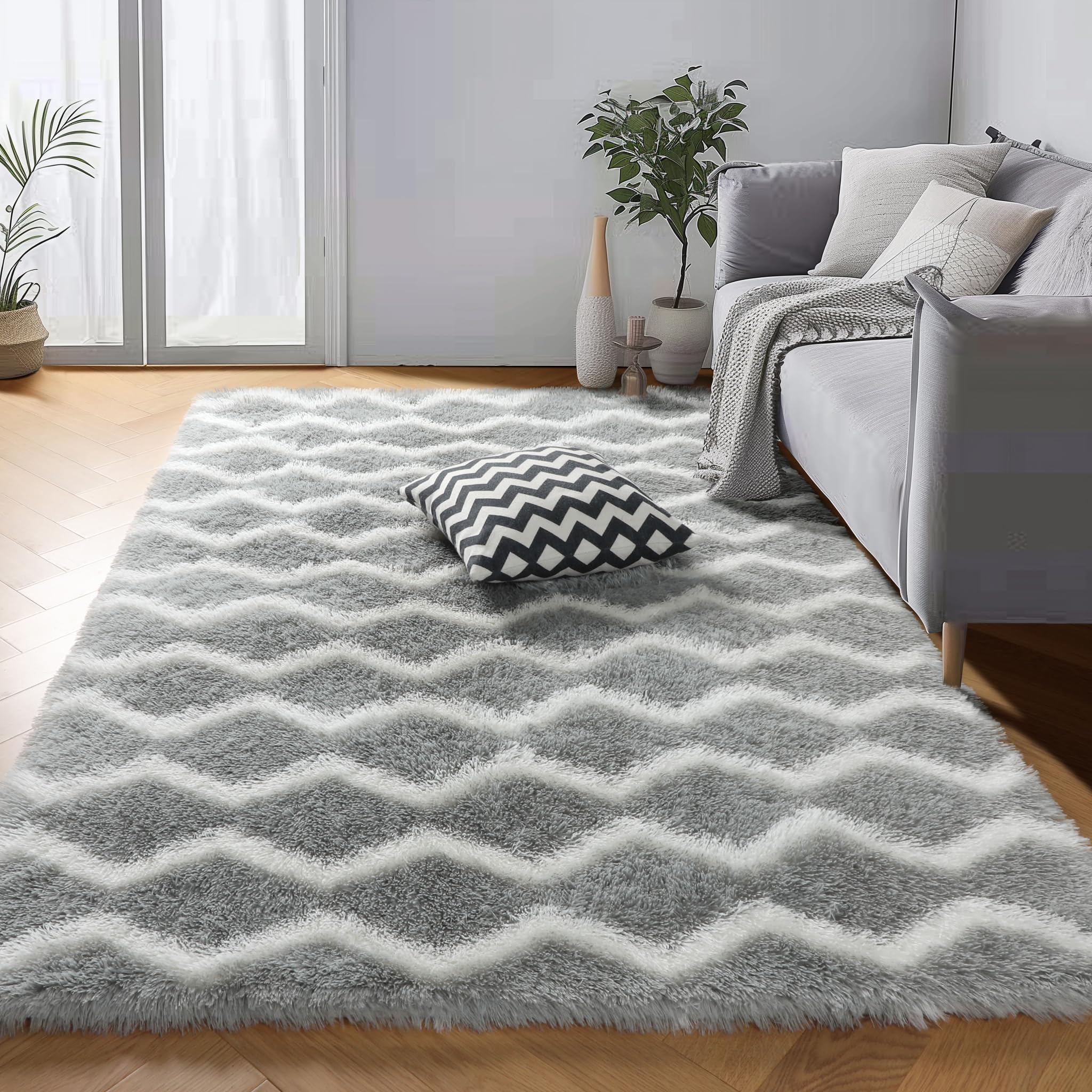 4x6 Rugs for Bedroom, Fluffy Fuzzy Washable Shaggy Striped Area Rugs for Living Room, Soft Plush Furry Rug Floor Carpet for Kids Room Nursery Classroom Dorm Office Decor, Grey and White