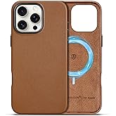SHIELDON Case for iPhone 16 Pro Max 6.9" 2024, Genuine Leather/Magnetic Wireless Charging/Anti-Scratch/Non-Slip Grip/Shockproof/Slim Fit Cover Compatible with iPhone 16 Pro Max - Saddle Brown