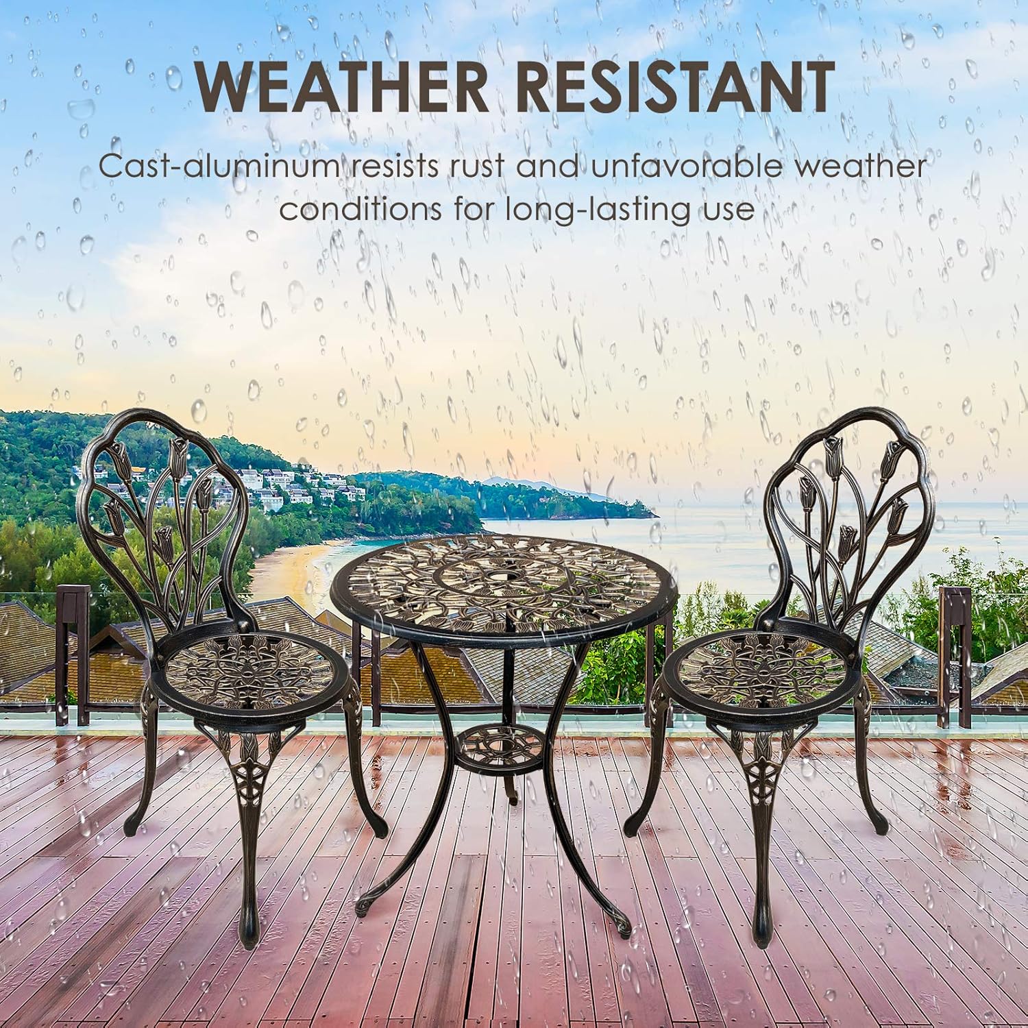 Jardin de panda Bistro Table Set, Outrora 3 Piece Outdoor Patio Set Rust-Resistant Cast Aluminum Tulip Design Outdoor Table and Chairs Furniture with Umbrella Hole (Antique Copper): Garden & Outdoor