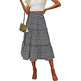Hibluco Women's Floral Midi Skirts Elastic High Waist A-Line Swing Skirts