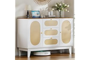 LegacyAmerhome Large Buffet Sideboard Cabinet with Charging Station, Rattan Credenza Kitchen Storage Cabinet with 3 Drawers, Buffet Table Coffee Bar Wine Bar for Dining Room/Living Room (White)