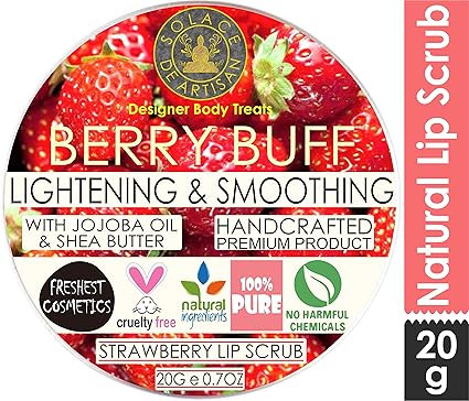SolaceDeArtisan Berry Buff Lip Scrub Strawberry Powder & Jojoba Oil- Lightening & Smoothing - 20 Grams