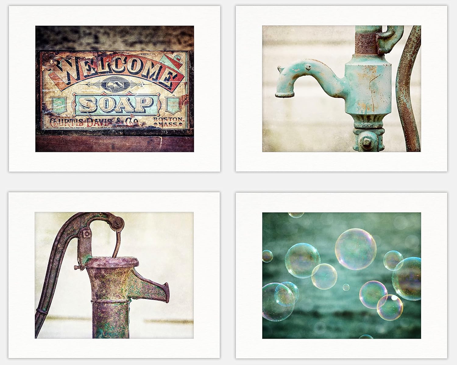 Photographs - Lisa Russo Fine Art - Laundry Room Decor or Bathroom Wall Art - Set of 4 Pre-Matted Prints - Unframed - Vintage, Farmhouse, Rustic Style - Bubbles, Teal, Brown, Aqua (4 8x10 Prints with 11x14 Mats)