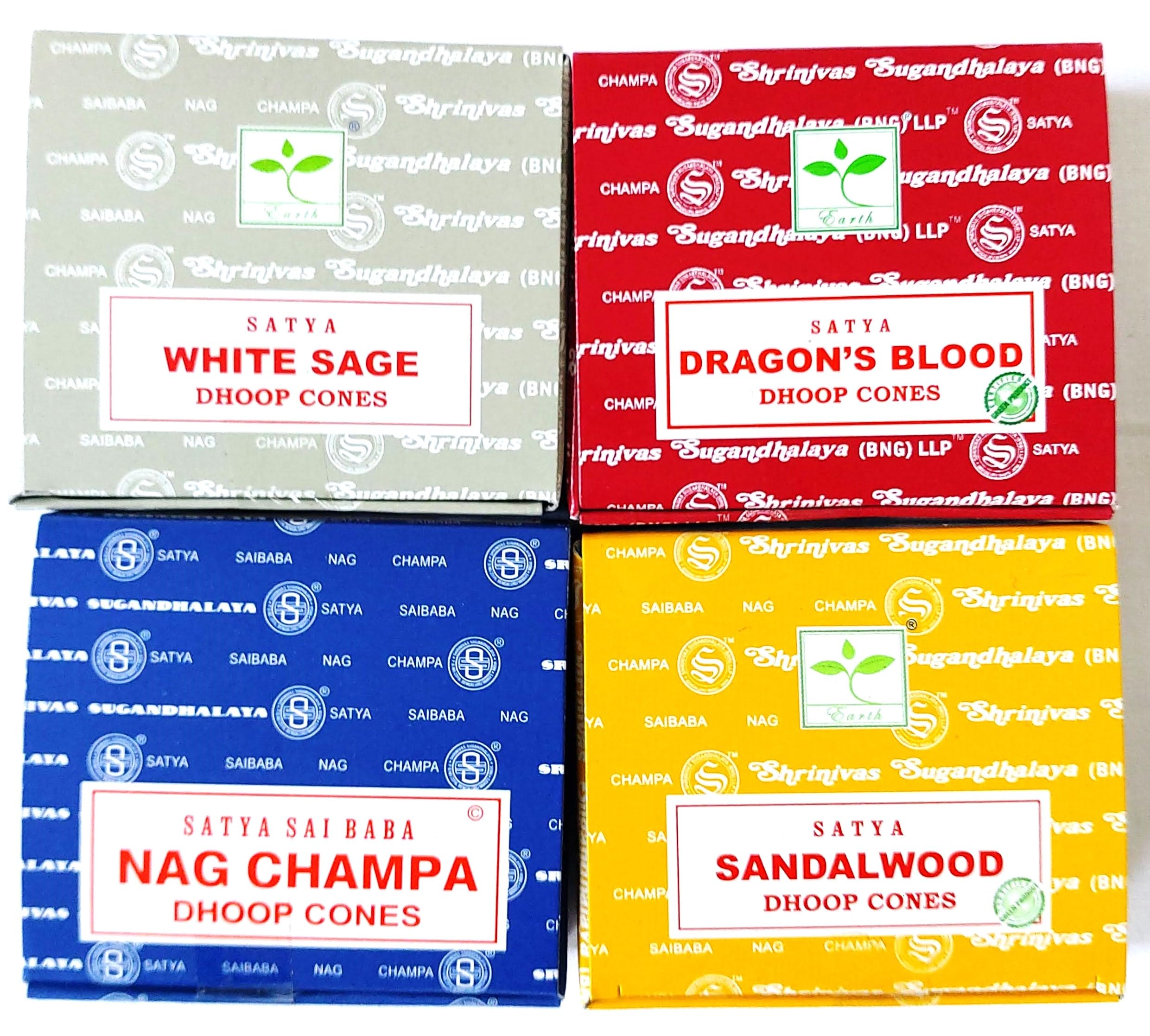 Satya Nag Champa Incense Cones Hot Mix, Agarbatti, Dragons Blood, Sandalwood, White Sage, 4 Packs of 12 Cones in each box (4, Hot Mix)