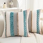 Boho Pillow Covers 18x18 Set of 2 for Couch-Modern Farmhouse Sofa Decorative Teal Throw Pillow Covers Textured Chenille Cushion Covers Outdoor Netural Bohemian Pillow Cases Square