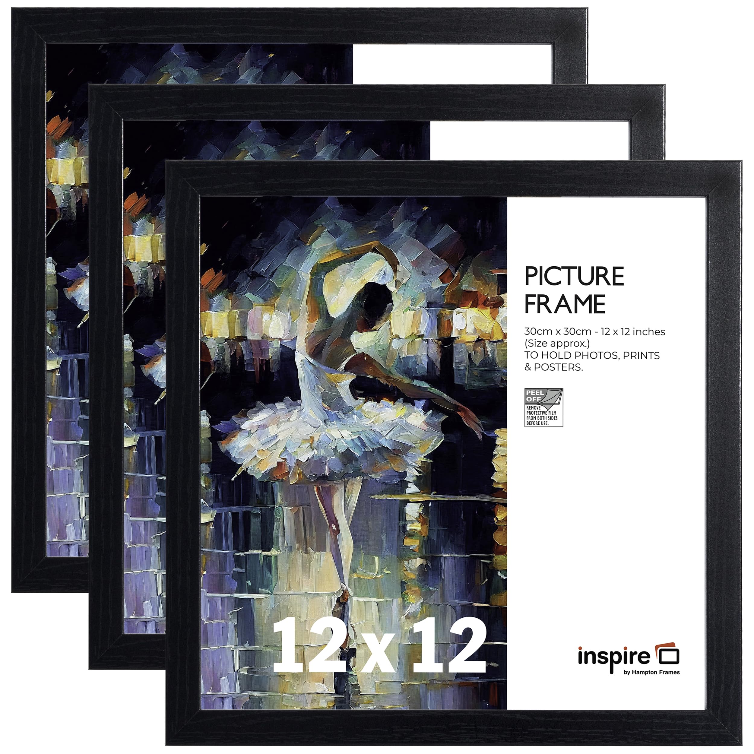 inspire by Hampton Frames | OXFORD Picture Photo Frame Set | 12x12in (30x30cm), Black, Acrylic (Non-Glass), 3-Pack | Lightweight, Shatterproof, Easy Wall Mounting | Modern Display for Photos