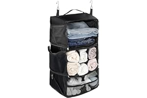 ELEZAY Hanging Packing Cubes Portable Closet 3-Shelf Travel Collapsible Compression Garment Organizer for Carry-on Luggage Suitcase Space Saver Bag X-Large_No Side Pockets, Black