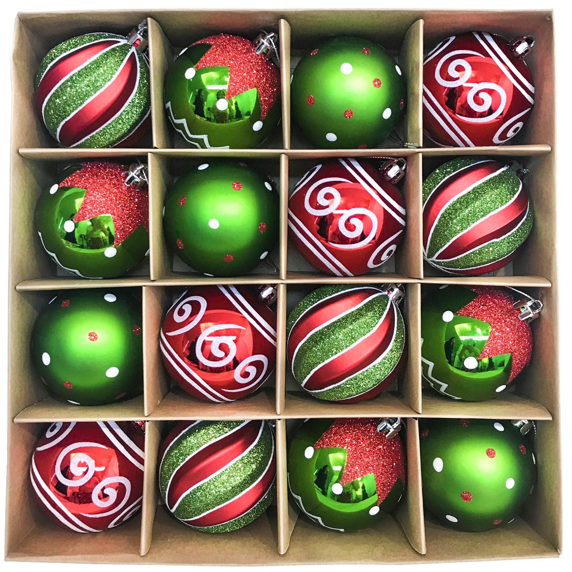 Victor's Workshop 16pcs 8cm Shatterproof Christmas Baubles, Delightful Elf Red, Green and White Christmas Ball Ornaments for Tree Decoration