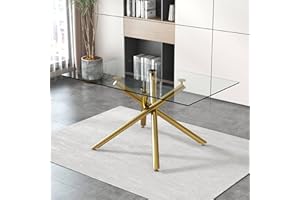 Pvillez 63" Glass Dining Table for 6-8 Person, Kitchen Dining Room Table with 0.39" Tempered Glass Tabletop and Gold Chrome M