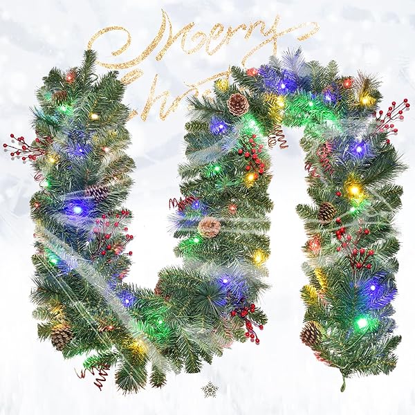 HOYECHI SET OF 2 PRELIT CHRISTMAS GARLANDS – 9FT EACH WITH 50 LED LIGHTS & RED BERRIES, BATTERY POWERED WITH 8 LIGHTING MODES, HOLIDAY GARLAND FOR STAIRS, FIREPLACE, DOOR FRAME