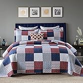 Y-PLWOMEN Quilt Set Queen Size, 100% Cotton Queen Quilt, Blue Red White Patchwork Plaid Quilt Sets Queen, Lightweight Reversible Soft Bedspreads Queen Size All Season, 3-Pieces