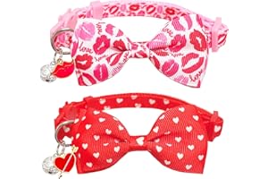 MIIEMIU Valentine Bow Tie Cat Collar Set with Bell, Holiday Red Heart and Pink Kiss Cat Collar for Boys and Girls Kitty Kittens