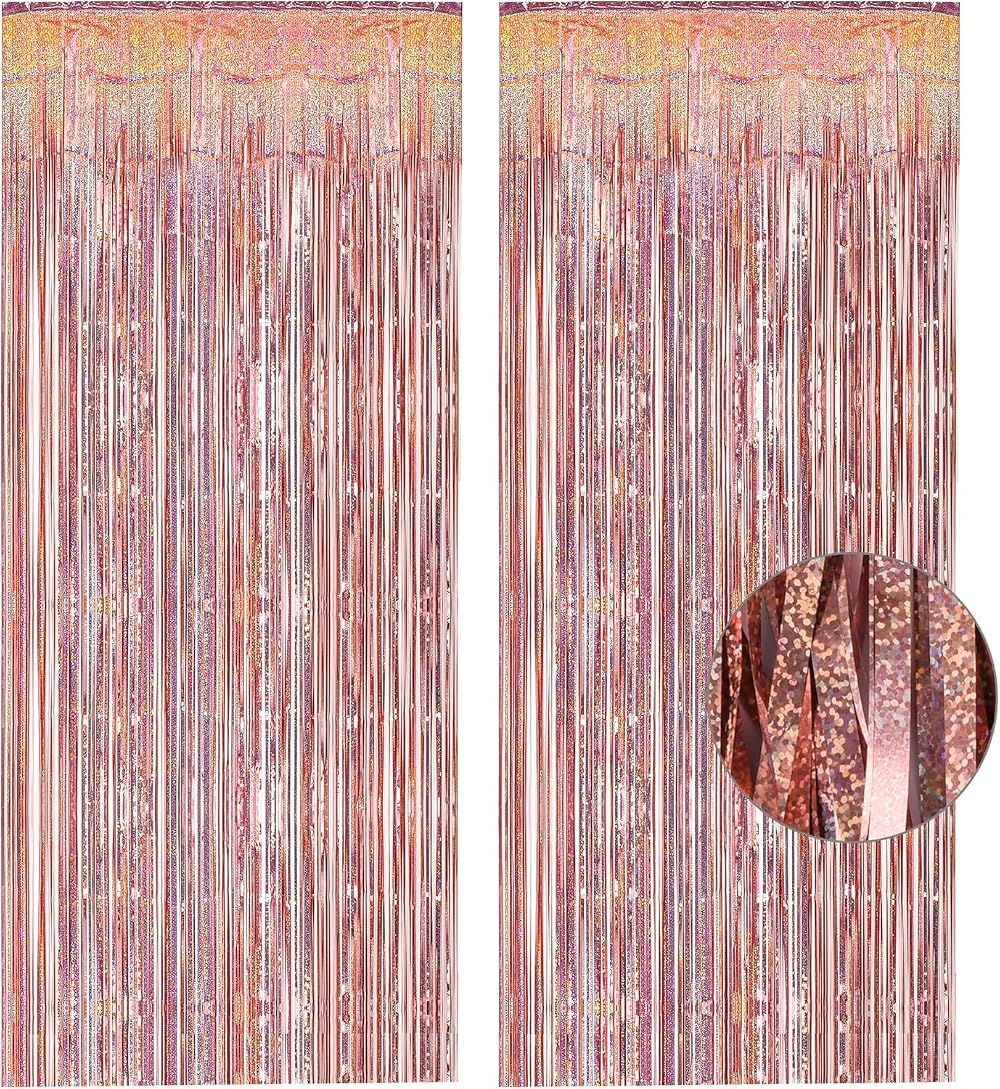 GREATRIL Rose Gold Foil Fringe Curtain Backdrop 2 Packs 3.2ft x 8.2ft