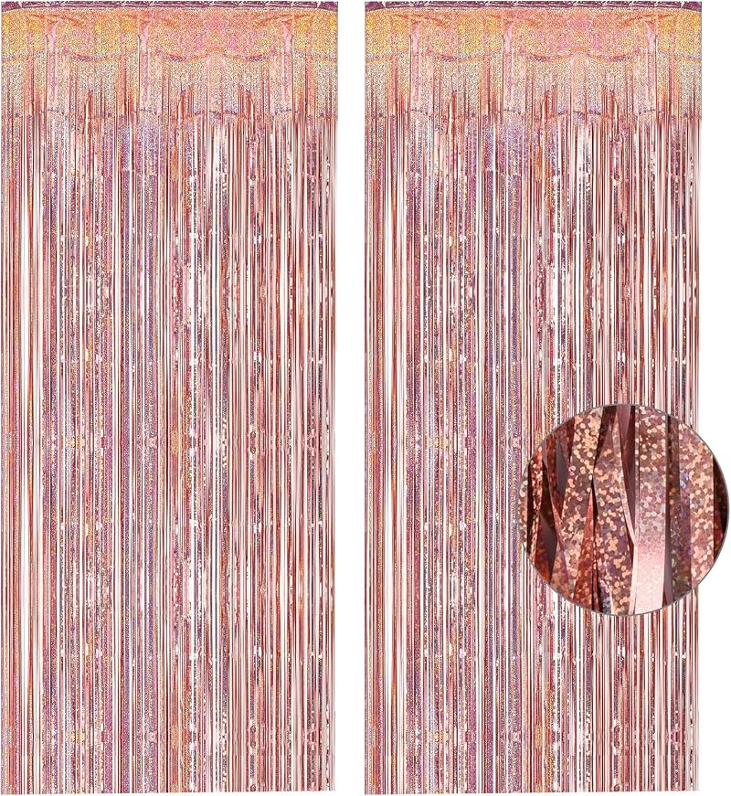 GREATRIL Rose Gold Foil Fringe Curtain Backdrop 2 Packs 3.2ft x 8.2ft