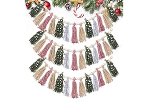 Tenceur 3 Pcs Christmas Tree Tassels Garland with Wood Beads 13 Tassel Pendants Festive Banner Boho Pastel Garland Banners Wall Hangings Decor for Christmas Bedroom, Nursery, Play Room