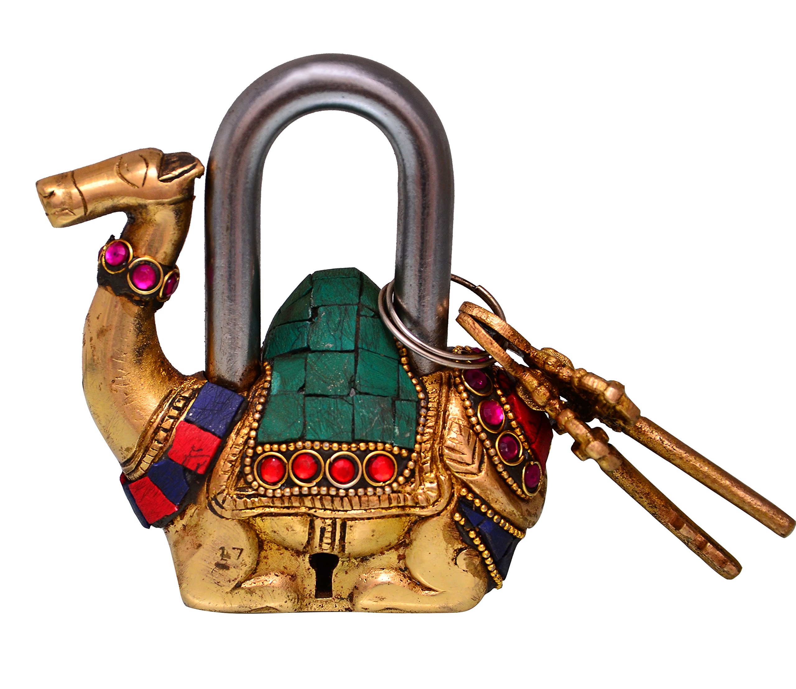 Purpledip Camel Shaped Brass Lock Padlock: Handmade Antique Design with Colorful Gemstone Work; Unique Collectible Combination of Style & Security (10685)