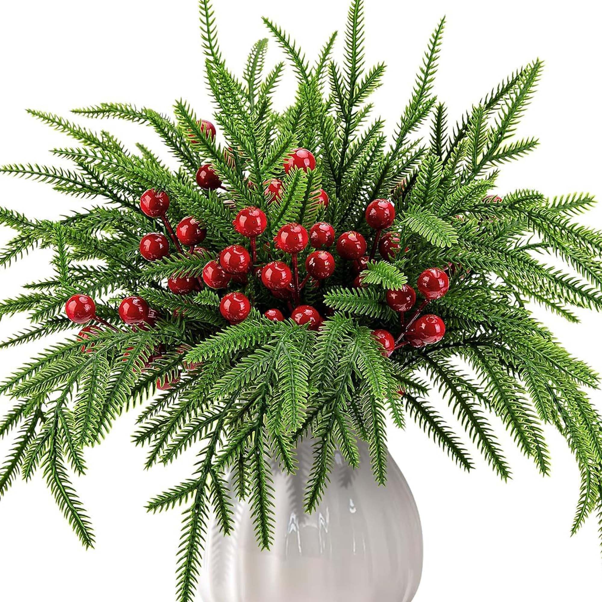 Purple Star 45Pcs Small Christmas Norfolk Pine Branches with Red Berry Stems- 14inch Artificial Greenery Norfolk Pine Stems Sprigs- Fake Foliage Needles Picks for DIY Craft Garland Home Decoration