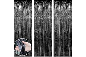 BOEIAC Fringe Backdrop, Black Foil Fringe Backdrop Curtain, Black Streamers Backdrop, 3 Pack 3.3ft x 6.6 ft Tinsel Backdrop Curtains for Birthday Party Decorations, Halloween Decor, Wedding, Christmas