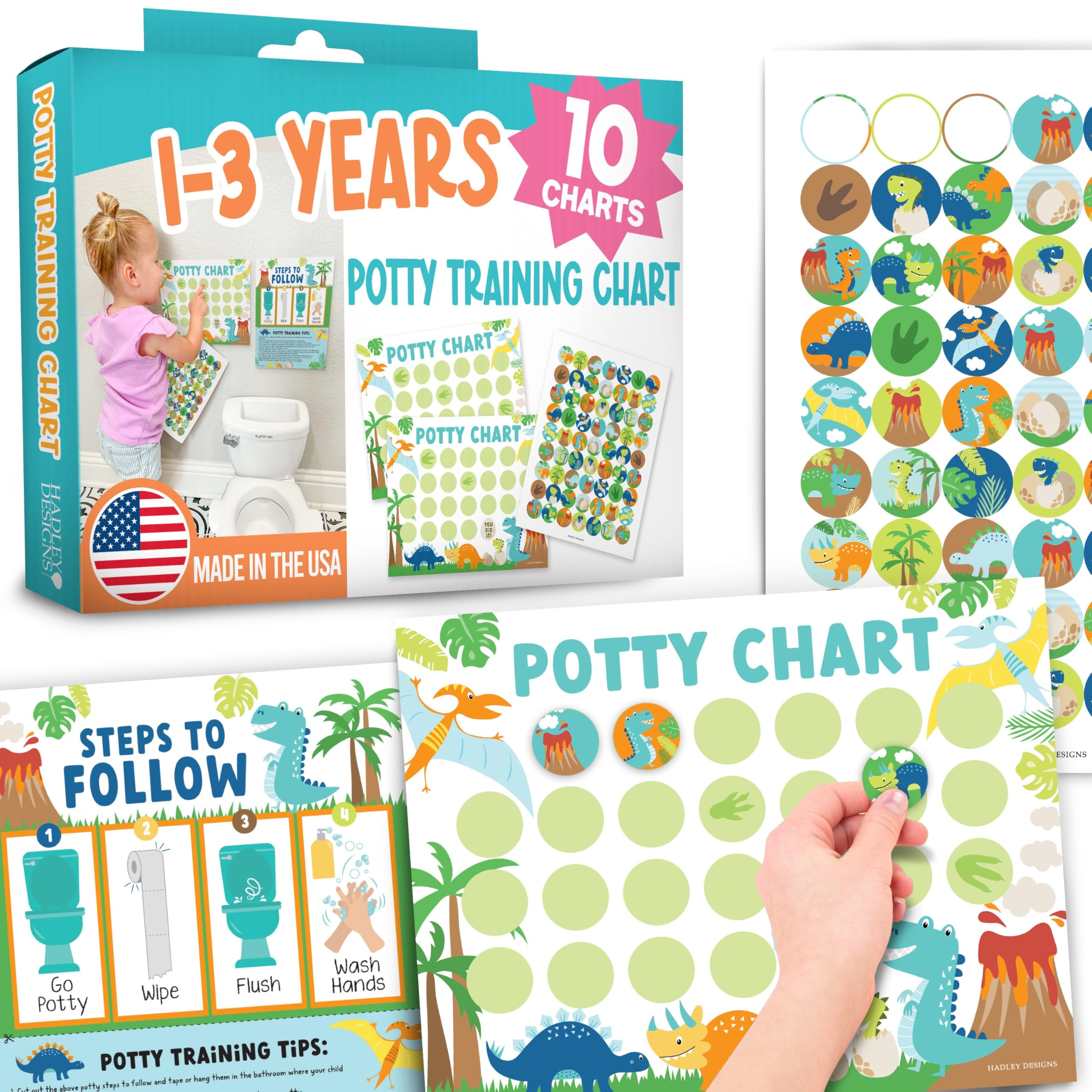 Hadley Designs Potty Training Chart for Boys with Fun Reward Stickers – 10 Potty Chart for Toddlers Girls, 8.5x11
