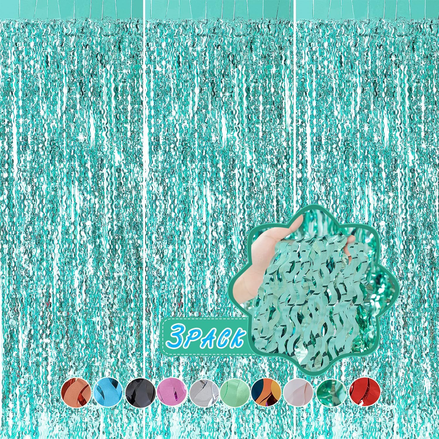 Photo 1 of 3 Pack Teal Aqua Blue Wave Foil Curtains - 3.3 ft x 6.6 ft Tinsel Metallic Streamers for Photo Booth Birthday Wedding Girl Princess Bachelorette Euphoria Theme Party Decorations